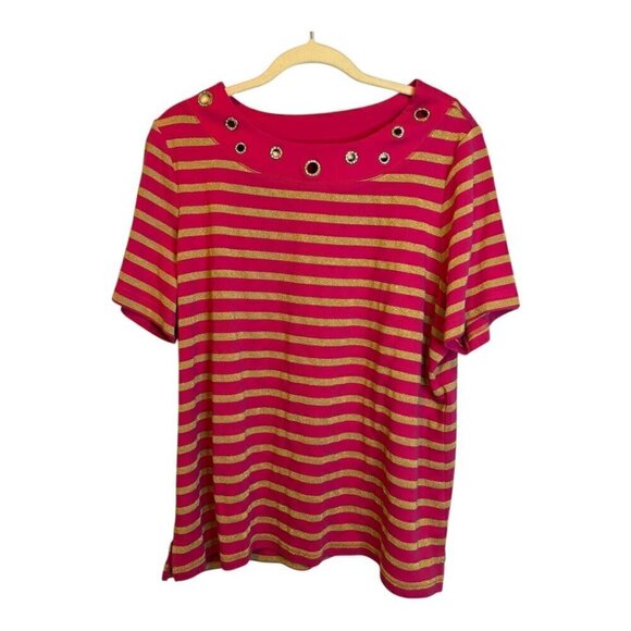 Quacker Factory Blouse Women's Size‎ XL Stripes Boat Neck Sparkle Pink Gold - Picture 1 of 4